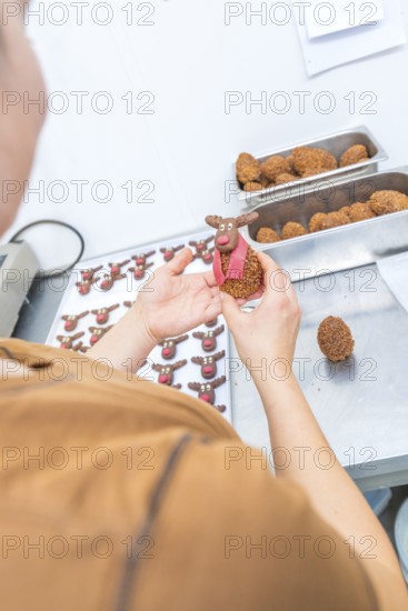 Craftsman sculpting reindeer chocolates with red details in a processing kitchen, Christmas baking,