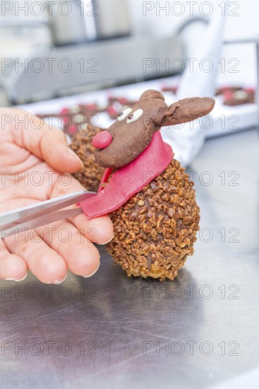 Hand sculpting a chocolate reindeer praline with red scarf and nose, Christmas baking, Haselstaller