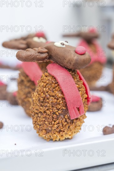 A detailed reindeer cookie with red scarf and nose taken up close, Christmas baking, Haselstaller