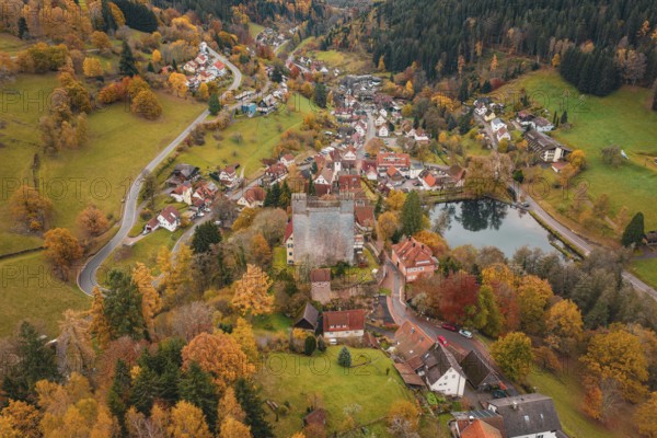 A picturesque village with a castle next to a river, nestled in autumn nature, Berneck Castle,