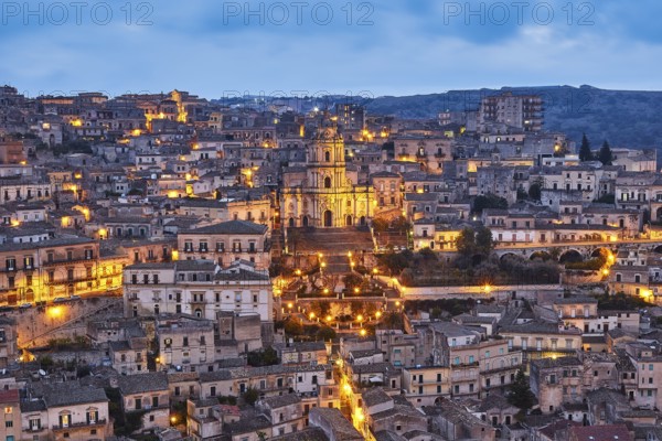 Duomo di San Giorgio, St. George's Cathedral, Modica, night scene of an illuminated city with
