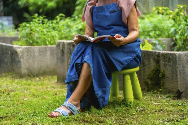 Senior woman in an apron seated on a small stool in her sunny home garden, calmly reading a book