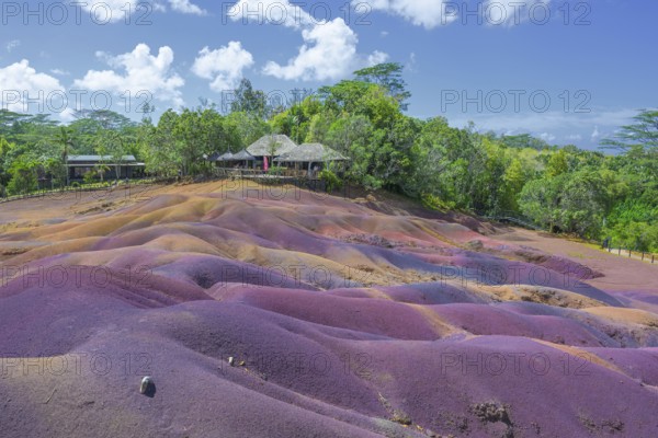 Colourful red and purple dunes in front of a tropical forest under blue skies in Mauritius. Africa,