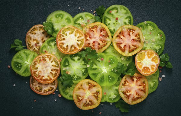 Sliced green tomatoes, on a dark surface, garnished with herbs and salt, top view
