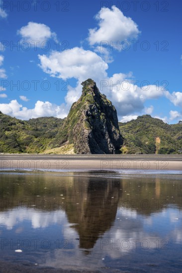 Landscape in New Zealand with sandy beach. Karekare Beach and The Watchman Rock. Karekare,