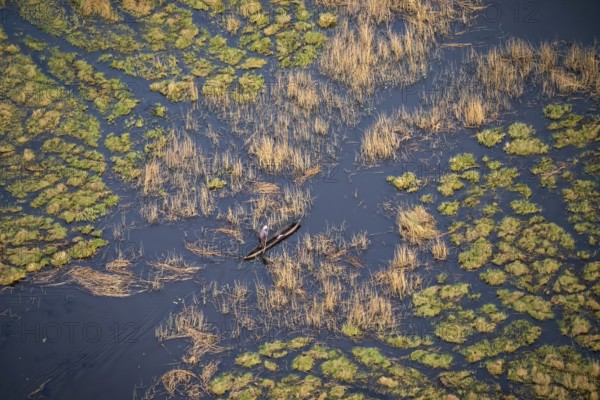 Marshland, marshland, Kavango fishermen with dugout boat, Mokoro, aerial view, Okavango Delta,