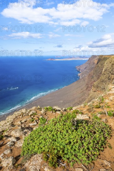 Castillejo viewpoint, view from the Risco de Famara cliffs to the coast and the sea with the Famara