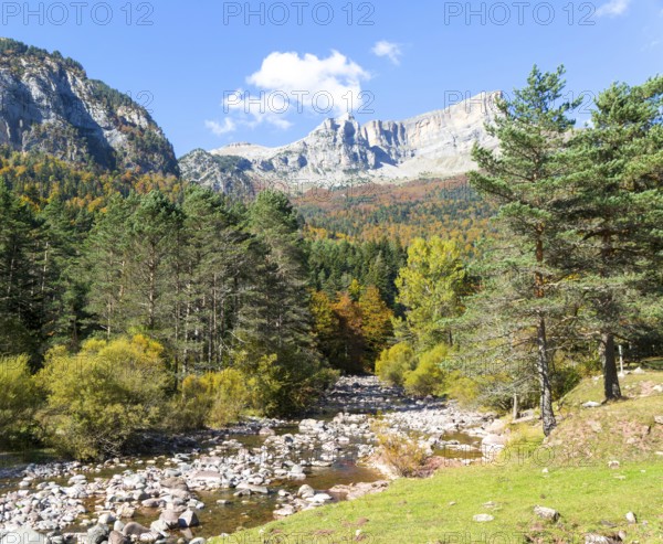 Mountain landscape view river at Selva de Oza, Valle de Hecho, Pyrenees Mountains, Huesca province,