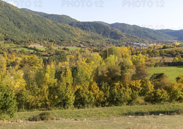 Autumn valley landscape near village of Echo or Hecho, Valle de Hecho, Huesca province, Aragon,
