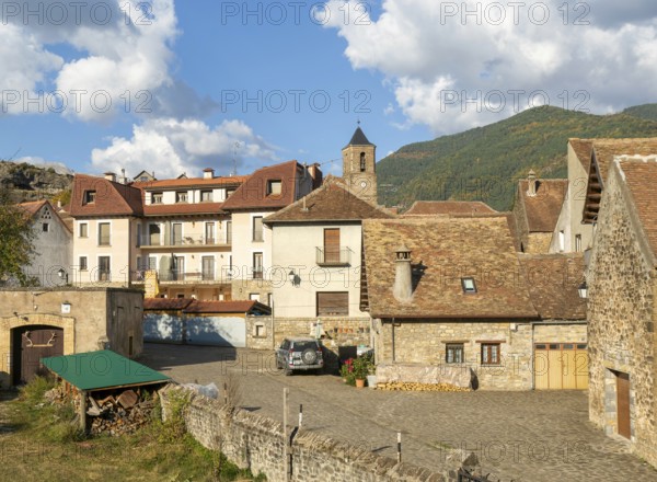 Historic buildings medieval village of Echo or Hecho, Valle de Hecho, Pyrenees Mountains, Huesca