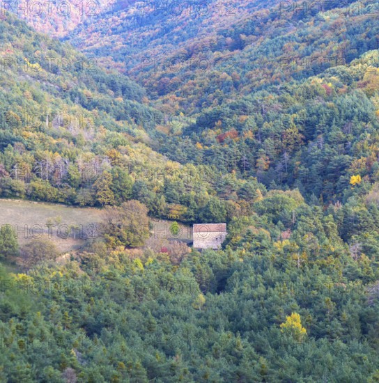 Autumn forested valley landscape with farm barn building near Echo or Hecho, Valle de Hecho, Huesca
