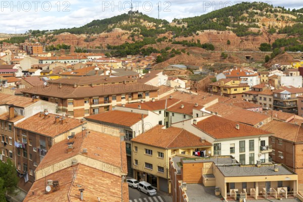 Rooftops of apartment block buildings in lower housing area to east of city centre of Teruel,
