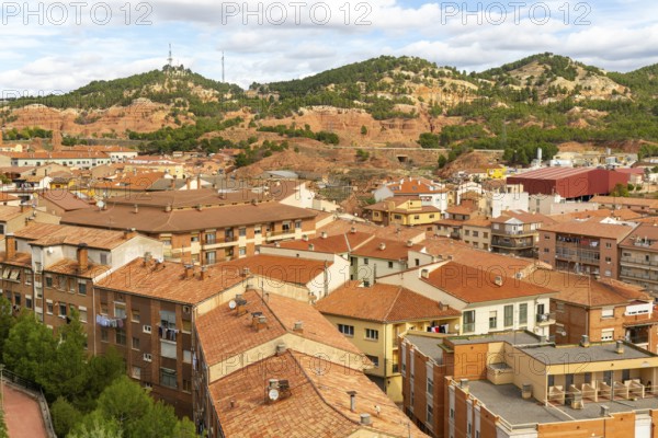 Rooftops of apartment block buildings in lower housing area to east of city centre of Teruel,