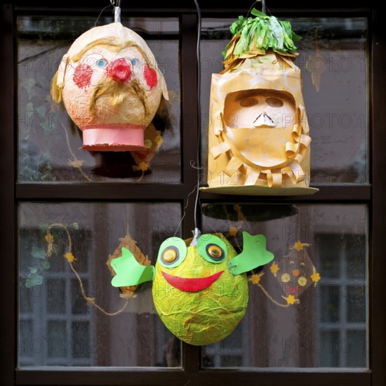 Homemade lanterns for the Martin train in front of a window, Old Town, Kempen, Lower Rhine, North
