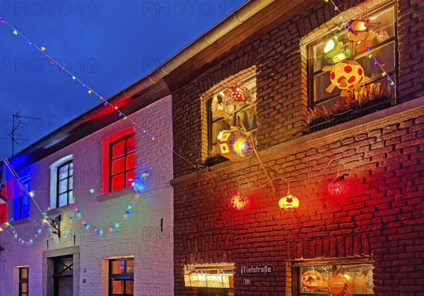 Tastefully decorated Tiefstraße in the evening for Martin's procession, Kempen, Lower Rhine, North
