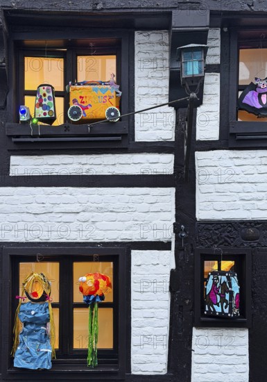 Decorated half-timbered house for the Martin train in Alte Schulstraße, historic old town, Kempen,