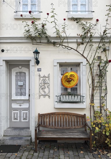 Decorated house façade for the traditional Martin procession in Tiefstraße, Altstadt, Kempen, Lower