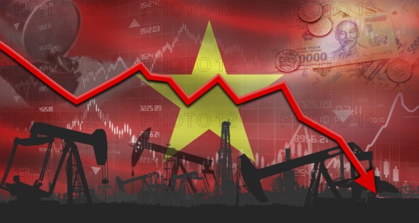 Fall oil price with Vietnamese flag on economic chart, Petrol crisis with Vietnamese flag on