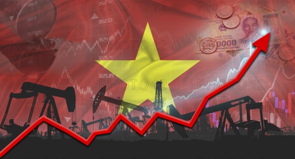 Growth of oil industry with Vietnamese flag. Oil pumps with Vietnamese flag. Oil production with