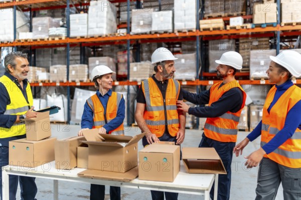 Diverse team of warehouse workers wearing safety vests and hard hats collaborating while packing