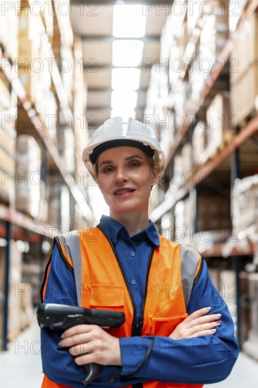 Confident woman working in a busy logistics warehouse, wearing a hard hat and safety vest, holding