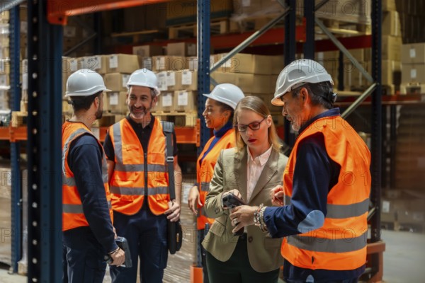 Warehouse manager and diverse workers standing together, reviewing operations and inventory data on