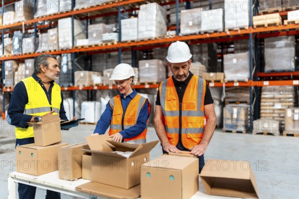 Team of diverse workers, wearing safety vests and hard hats, collaborating on packaging and
