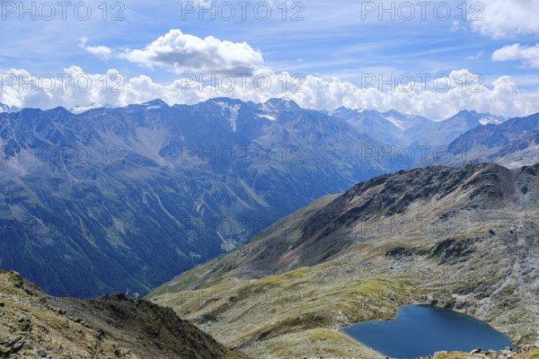 Scenic view from Gaislachkogel over the Ötztal Alps and down into the Ötztal near Sölden, Tyrol,
