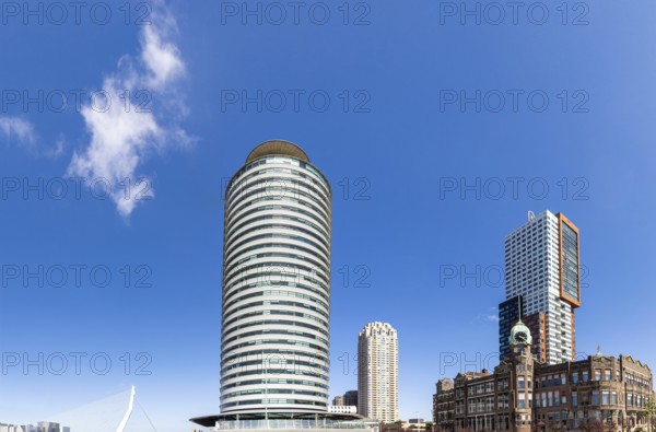 Panoramic view of Rotterdam Old Port and river promenade waterfront areas of Wilhelminakade and Kop