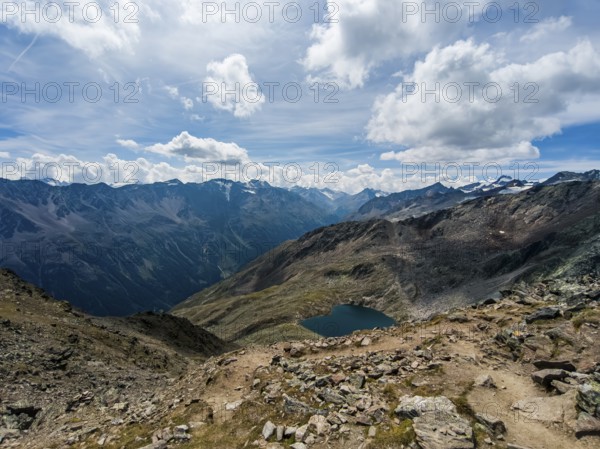 Scenic view from Gaislachkogel over the Ötztal Alps and down into the Ötztal near Sölden, Tyrol,
