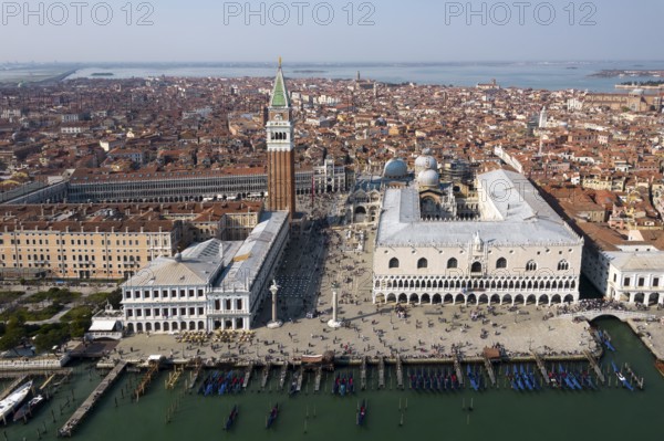 Aerial view of Piazzetta, columns of St. Mark and St. Theodorus, St. Mark's Square, Doge's Palace,