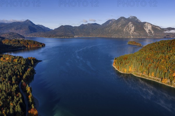 Mountain lake, mountains, sunny, morning light, autumn, autumn color, forest, aerial view,