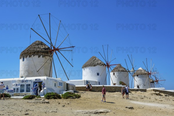 Mykonos, Cyclades, Greece - The six sixteenth-century windmills, lined up on a hill above Mykonos