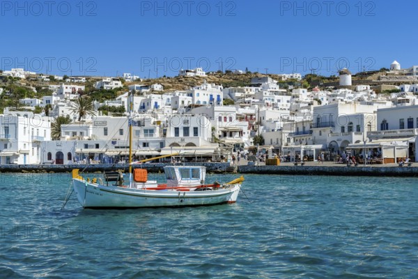 Mykonos, Cyclades, Greece - fishing boats are moored in the old port of Mykonos Town, Mykonos Chora