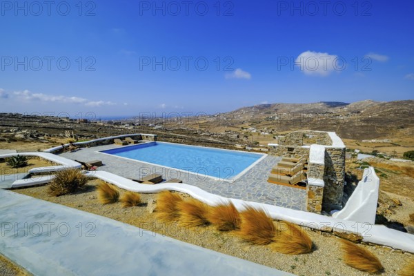 Ano Mera, Mykonos, Cyclades, Greece - Theme photo: vacation in Greece, sun loungers on the terrace