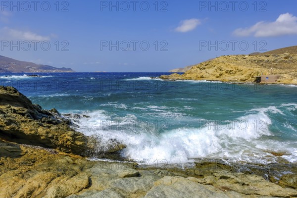 Mykonos, Cyclades, Greece - Ftelia Beach, Ftelia Beach, sandy beach on a windy rocky coast in the