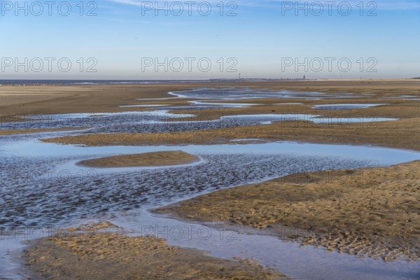 East beach of the East Frisian island of Spiekeroog, at low tide, tidal creek, watercourse at low