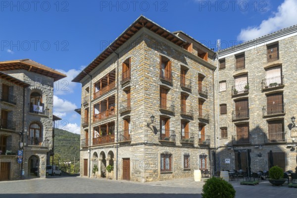 Buildings in main square plaza of historic medieval village of Boltana, Huesca province, Aragon,