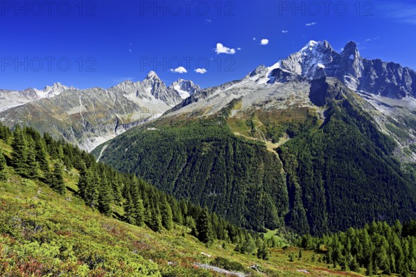 From left Aiguille du Chardonnet, in front foothills of the Argentière Glacier, on the right