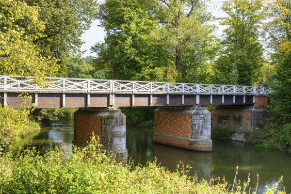 Double bridge over the Neisse in Muskauer Park, UNESCO World Heritage Site, Bad Muskau, Upper