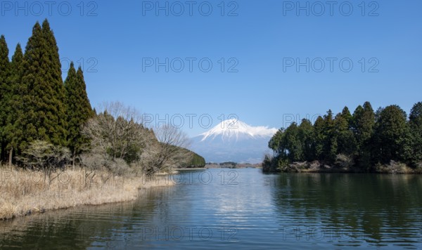View of Mount Fuji volcano and Lake Tanuki from Fuji-mae observation deck, Fujinomiya, Shizuoka,