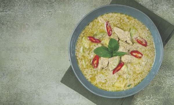 Green curry with chicken, traditional Thai cuisine, Asian food, homemade, no people