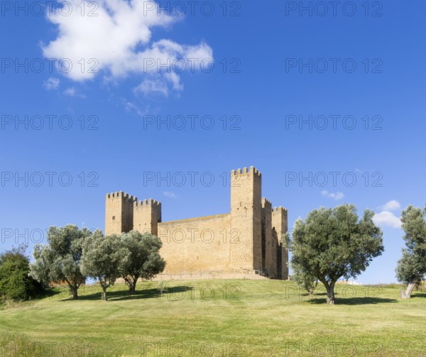 Historic walls and towers of Castillo de Sádaba, Sadaba castle, Zaragoza province, Aragon, Spain