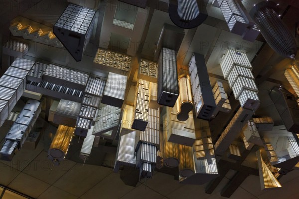 Magic Mushrooms installation, ceiling sculpture, hanging skyscrapers, model of a metropolis,