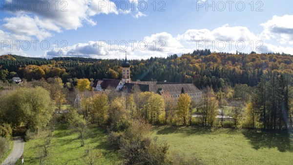 Aerial view of the Cistercian Abbey of Oberschönenfeld in the Augsburg Western Forest nature park