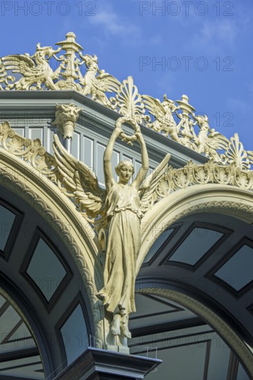 Nike goddess of victory, griffins and palmettes decorating 1885 Kiosk, music pavillion at the