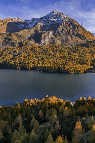 Mountain landscape, mountain lake, larch forest, autumn, autumn color, evening light, aerial view,