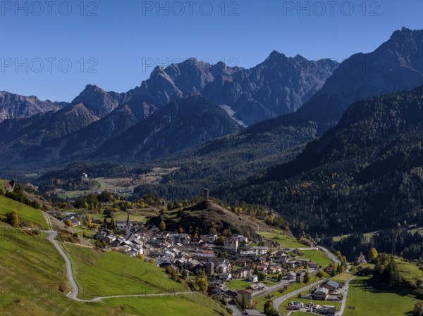 Mountain landscape, autumn color, sunny, aerial view, village, castle, tower, Ardez, Lower