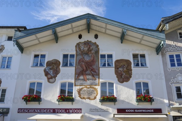 Gabelhaus mit Lüftlmalerei, former market mill, Marktstraße, pedestrian zone, old town, Bad Tölz,