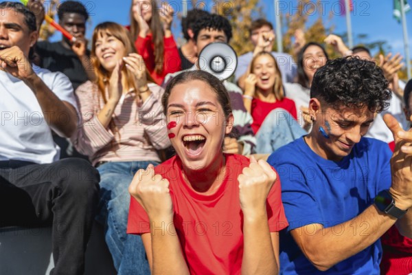 Young diverse fans sitting in a stadium enjoying a sporting event, celebrating and cheering for
